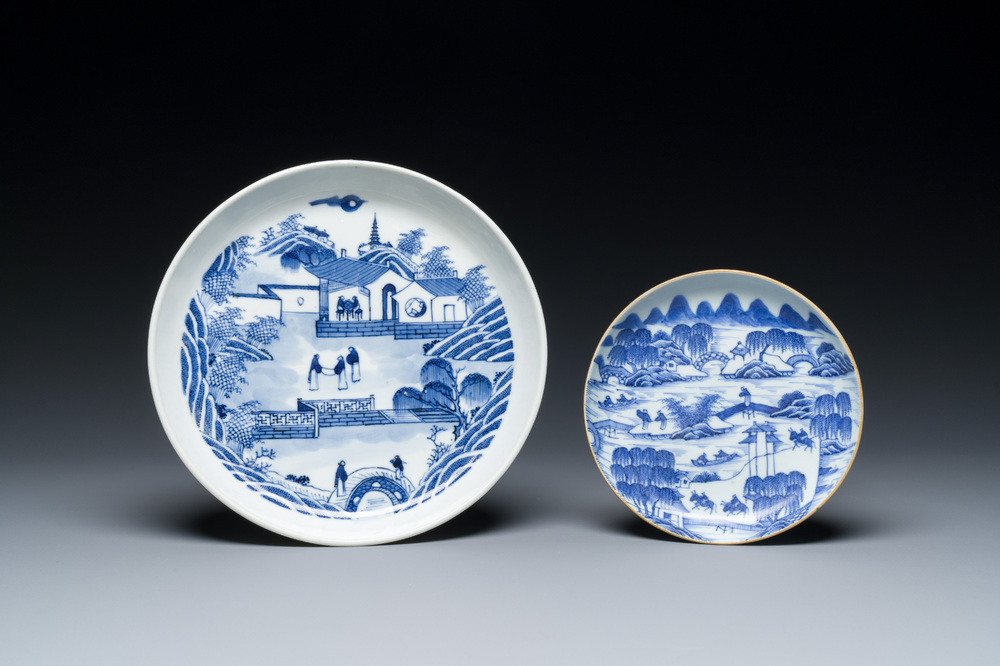 Two Chinese blue and white 'Bleu de Hue' plates for the Vietnamese market, Ngoan Ngoc and Noi Phu Thi Huu mark, 19th C.