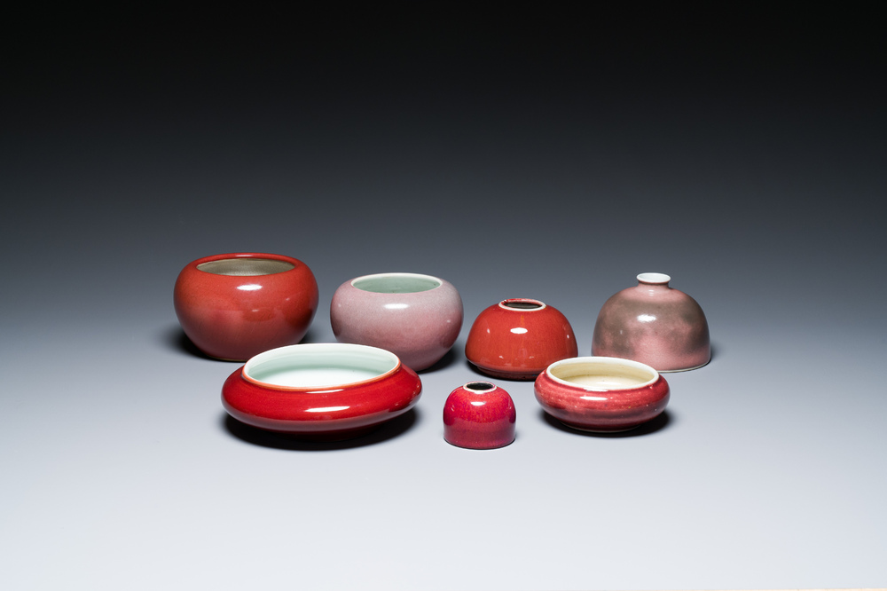 Seven Chinese copper-red- and flamb&eacute;-glazed water pots and brush washers, 19/20th C.