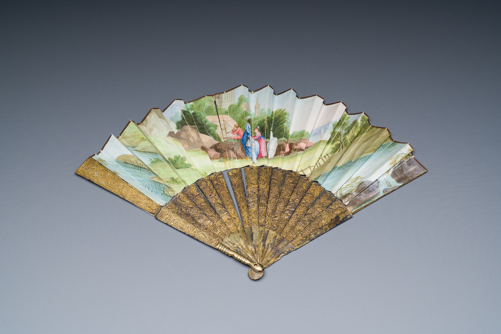 &Eacute;ventail en argent filigrane dor&eacute; &agrave; sujet romantique en aquarelle sur papier, Canton, Chine, 18/19&egrave;me