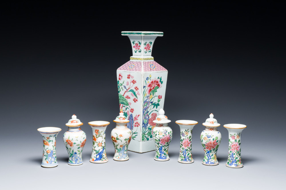 Eight small Chinese famille rose and verte vases and a larger square vase, Yongzheng/Qianlong