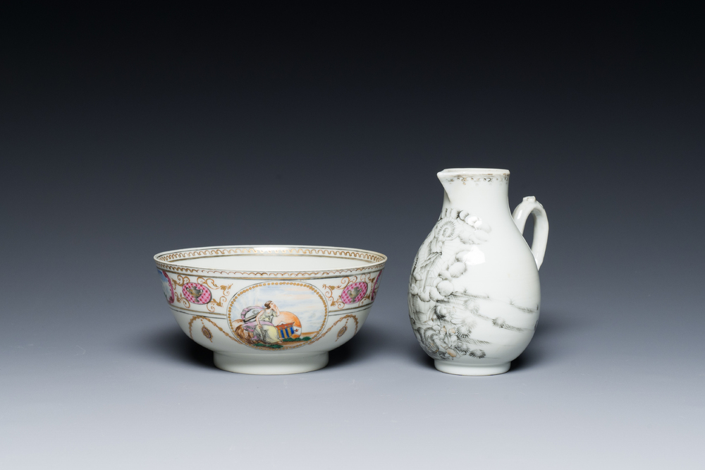 Een Chinese grisaille kan met 'De Opstanding' en een kom voor de Amerikaanse markt, Qianlong