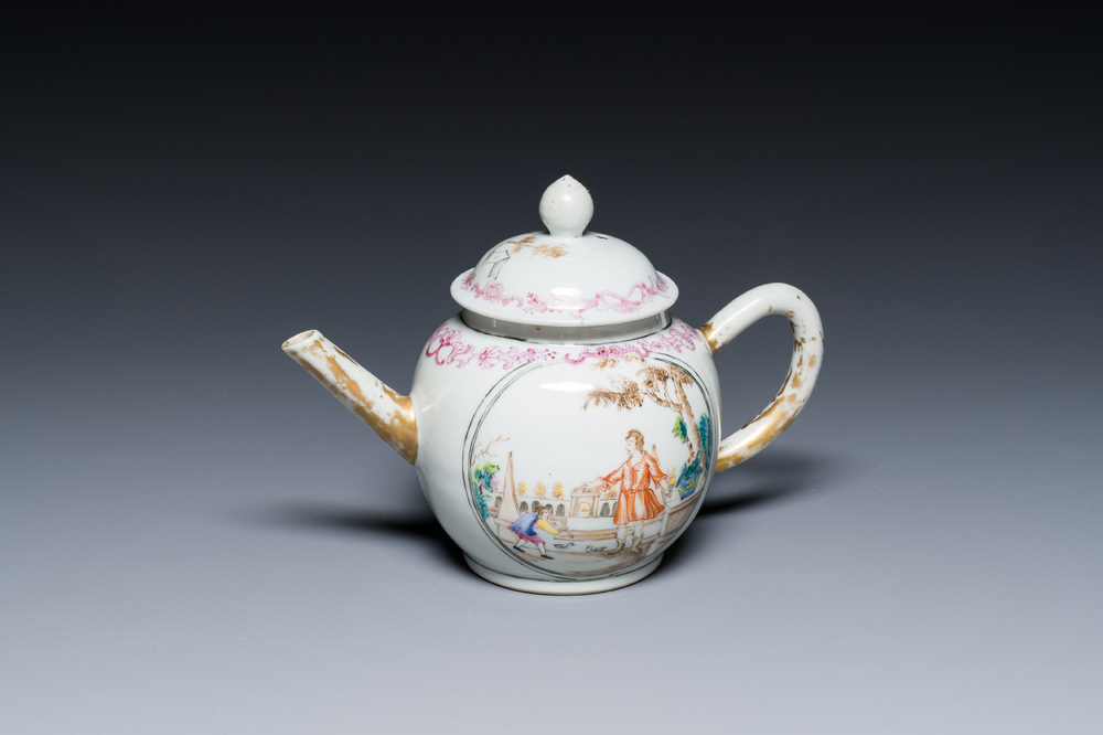 A Chinese famille rose export porcelain 'mythological subject' teapot, Qianlong