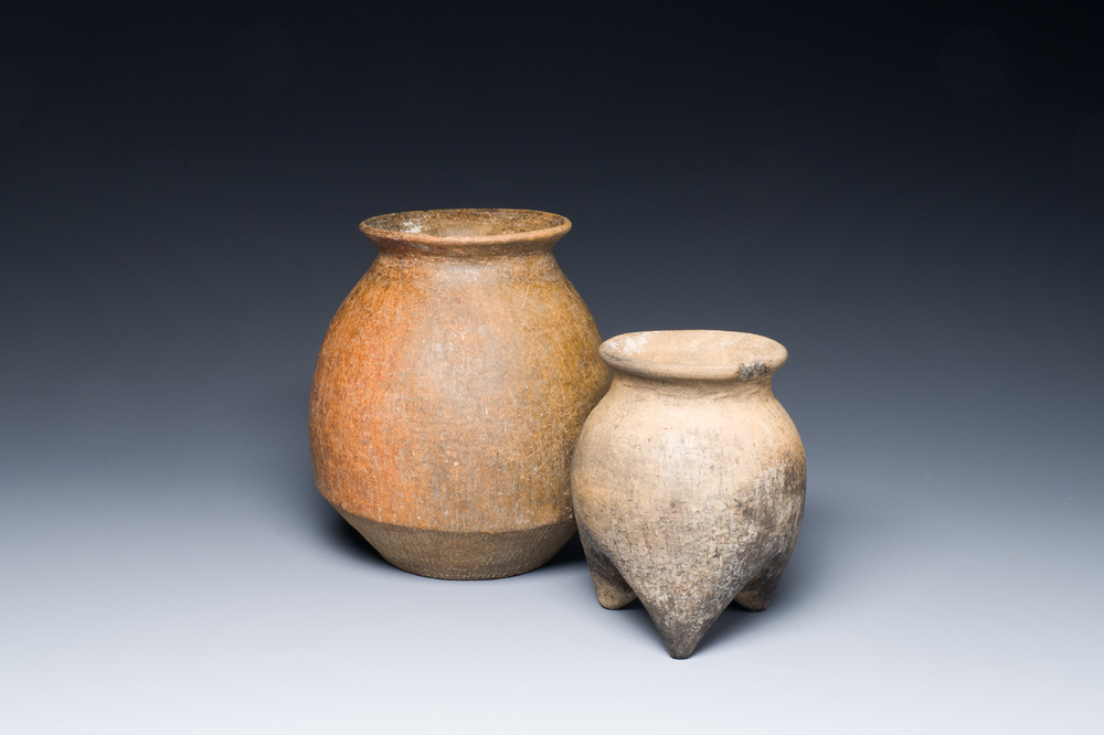 Two Chinese pottery storage or cooking vessels, 'Li', Neolithic period