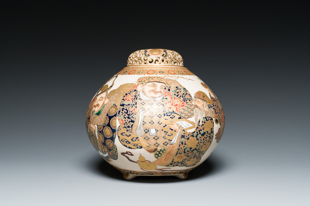 A Japanese Satsuma tripod koro with reticulated cover, Meiji, 19th C.
