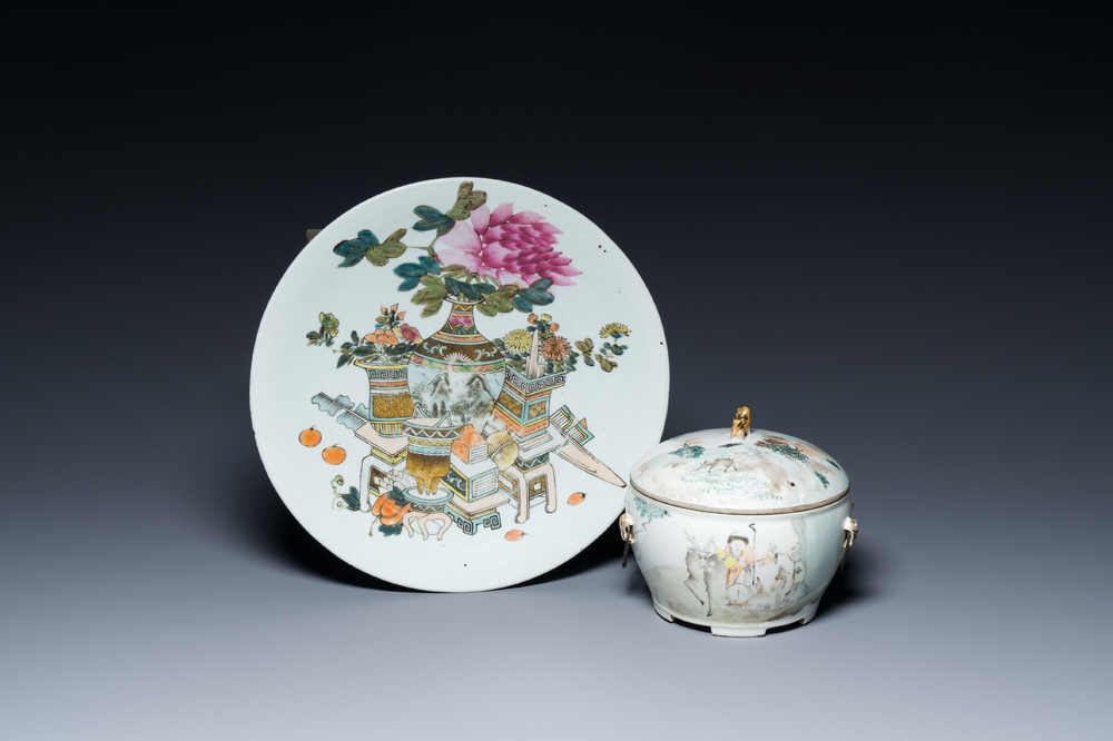 A Chinese qianjiang cai dish with Dai Yucheng 戴裕成 seal mark and a covered bowl, signed Yu Luchang 余吕昌 and dated 1885