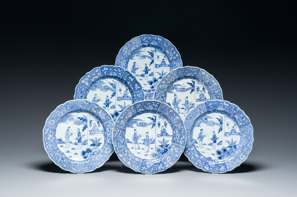 Six Chinese blue and white 'Xi Xiang Ji' plates, Qianlong