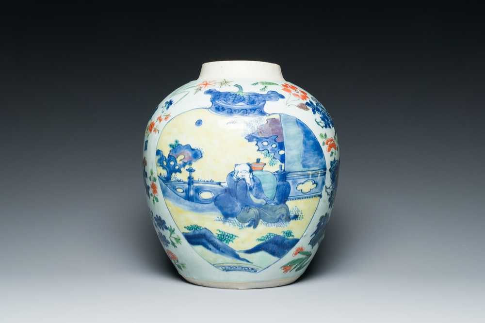 A Chinese wucai 'kylin and sage' jar, Zhao 朝 seal mark, Transitional period