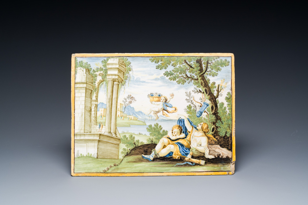 A polychrome Italian maiolica 'mythological subject' plaque, Castelli, 18th C.