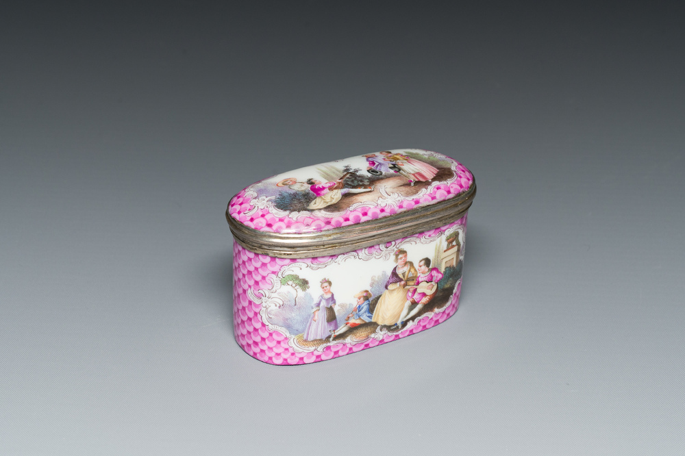 An oval gilt-silver-mounted polychrome Meissen porcelain snuff-box and cover, Germany, 3rd quarter 18th C.