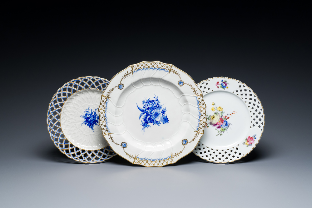 Three porcelain dishes with floral design, Tournai and The Hague, 18th C.