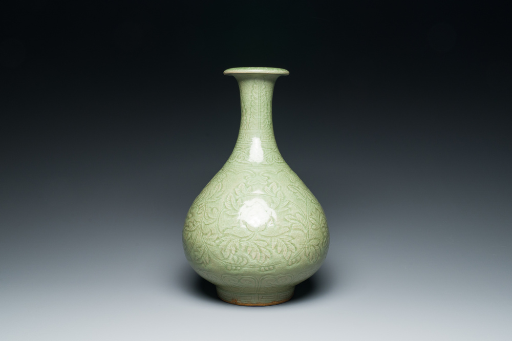 A Chinese Longquan celadon 'yuhuchunping' vase with floral design, Ming