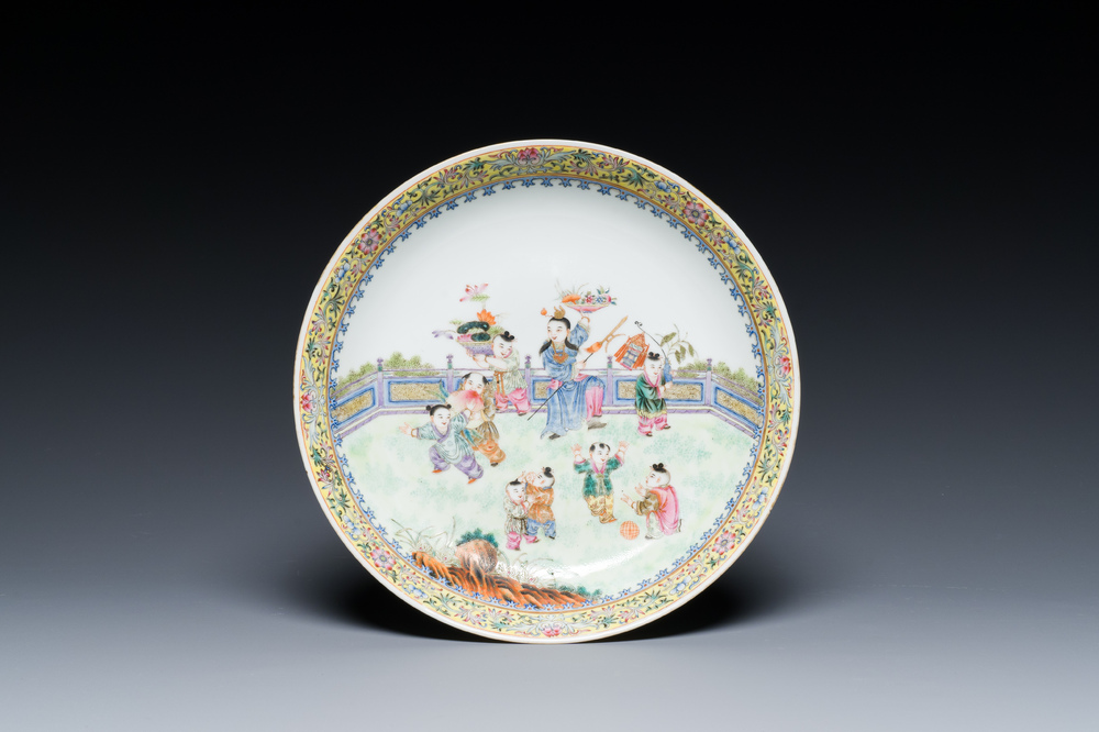 A Chinese famille rose 'playing boys' dish, Jiaqing mark, Republic