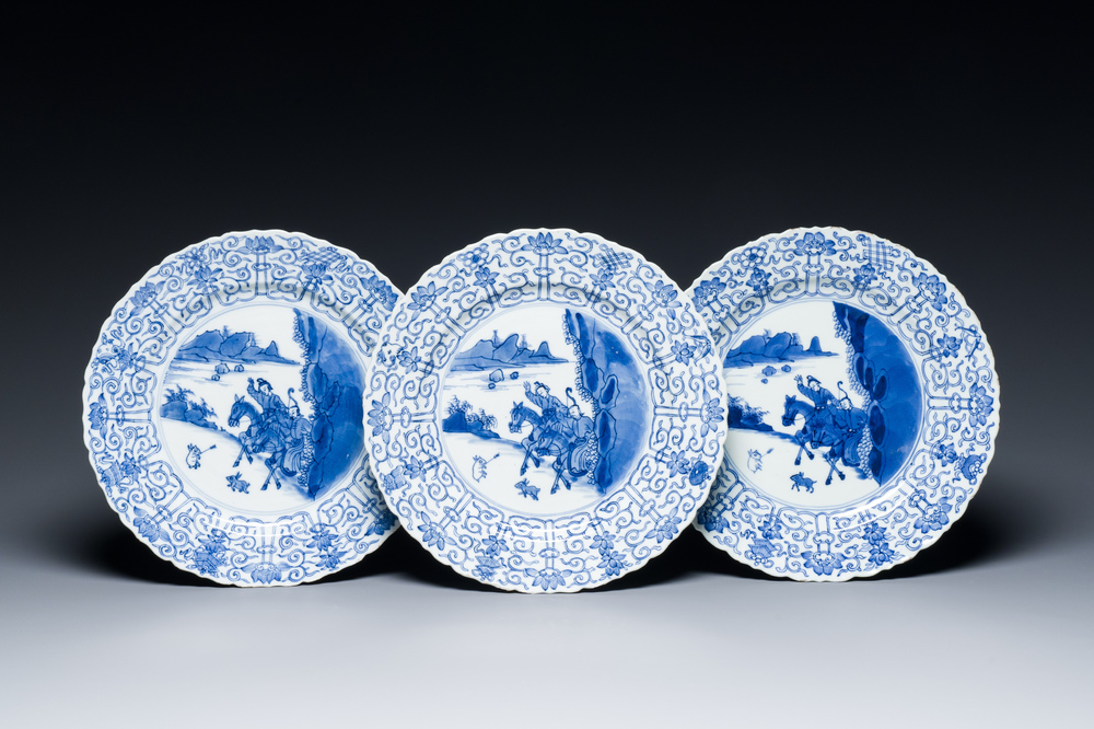 Three Chinese blue and white 'Mongolian hunt' dishes, Chenghua mark, Kangxi