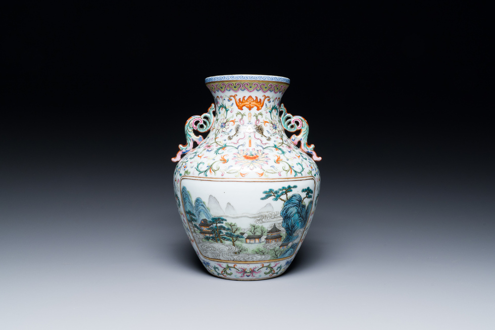 A Chinese famille rose 'hu' vase with fine landscapes, Qianlong mark, 19/20th C.