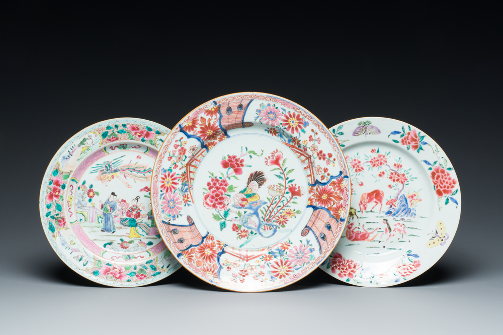 A Chinese famille rose dish and two plates, Yongzheng/Qianlong