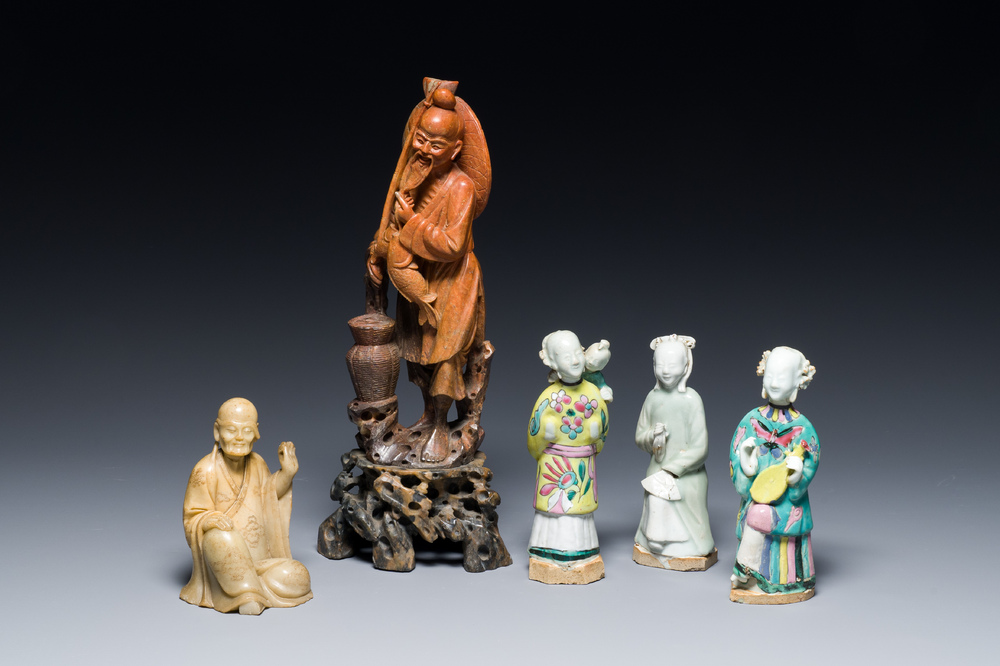 Two Chinese soapstone sculptures and three porcelain figures of ladies, Kangxi and later