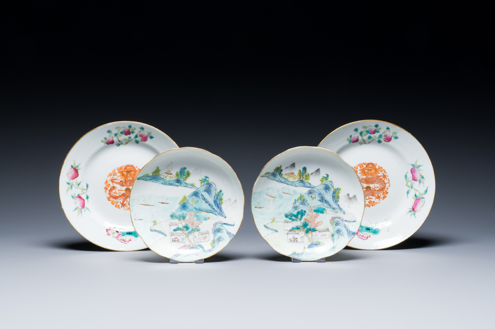 Twee paar Chinese famille rose borden, Daoguang en Qing Hua Zhen Pin 清華珍品 merk, 19/20e eeuw