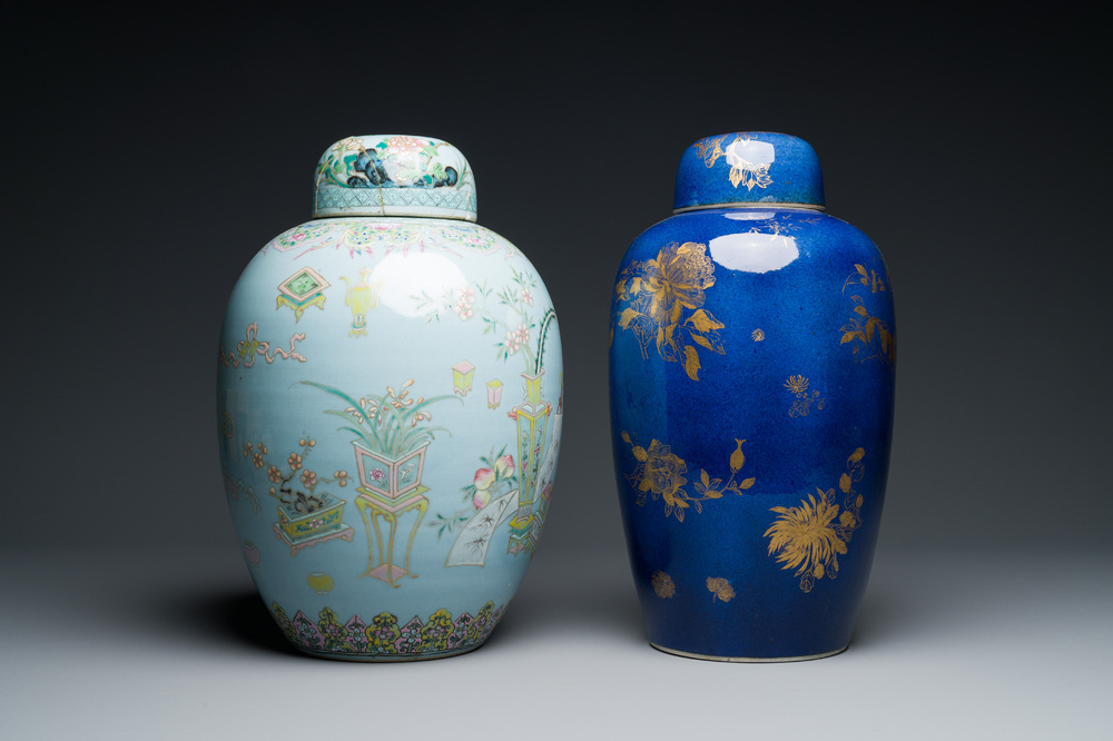 Two Chinese covered jars in gilt on powder-blue and famille rose on lavender-blue, 19th C.