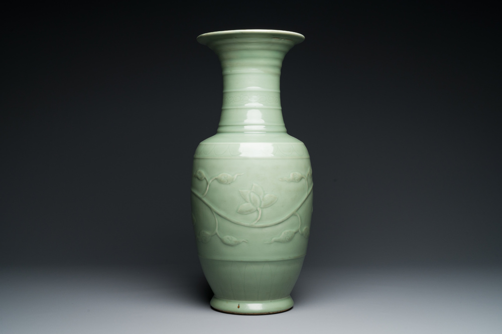 A Chinese celadon-glazed 'lotus scroll' vase, Qianlong