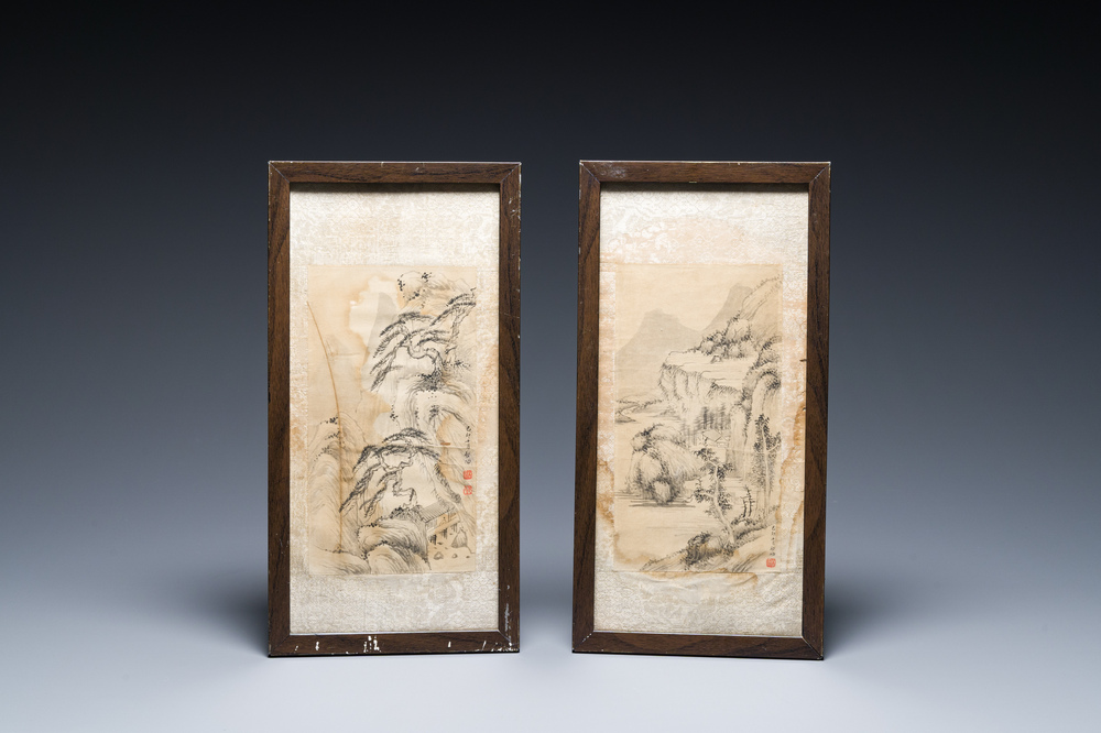 Qi Gong 啟功 (1912-2005): 'Berglandschappen', inkt op papier, gedateerd 1999