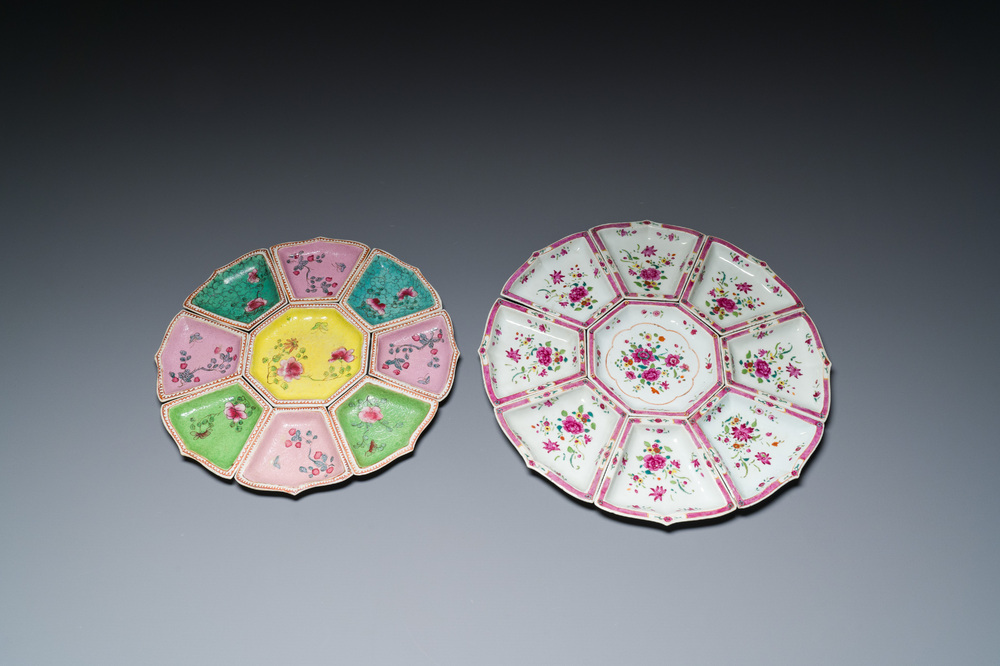 Deux services &agrave; mendiants de neuf pi&egrave;ces en porcelaine de Chine famille rose, 18/19&egrave;me