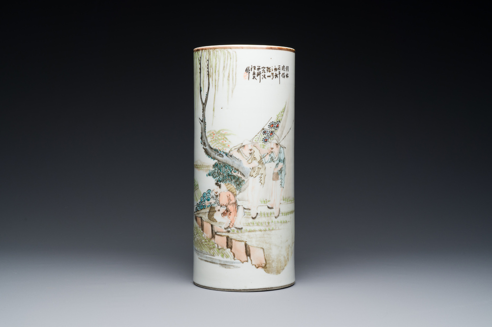 A Chinese qianjiang cai 'landscape' hat stand, signed Wang Yongtai 汪永太, dated 1906