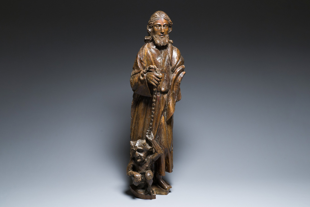 Een eikenhouten sculptuur van Lazarus als blinde geleid door de duivel, Frankrijk, 16e eeuw