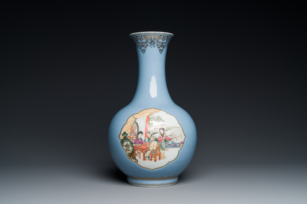 A Chinese famille rose lavender-blue-ground bottle vase, Qianlong mark, Republic