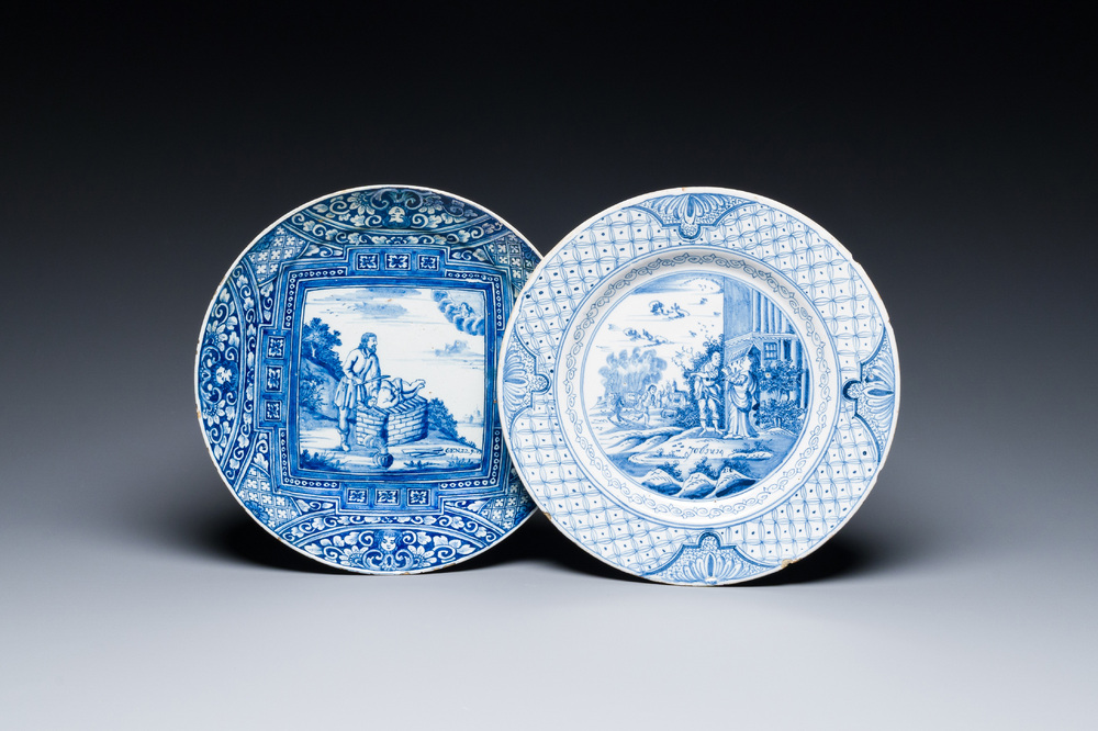 Two blue and white Dutch Delft 'biblical subject' plates, 18th C.