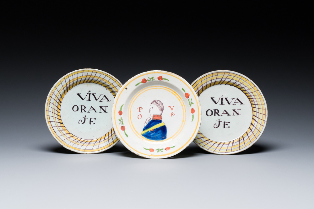 Three polychrome Dutch Delft 'orangist subject' plates, 18th C.
