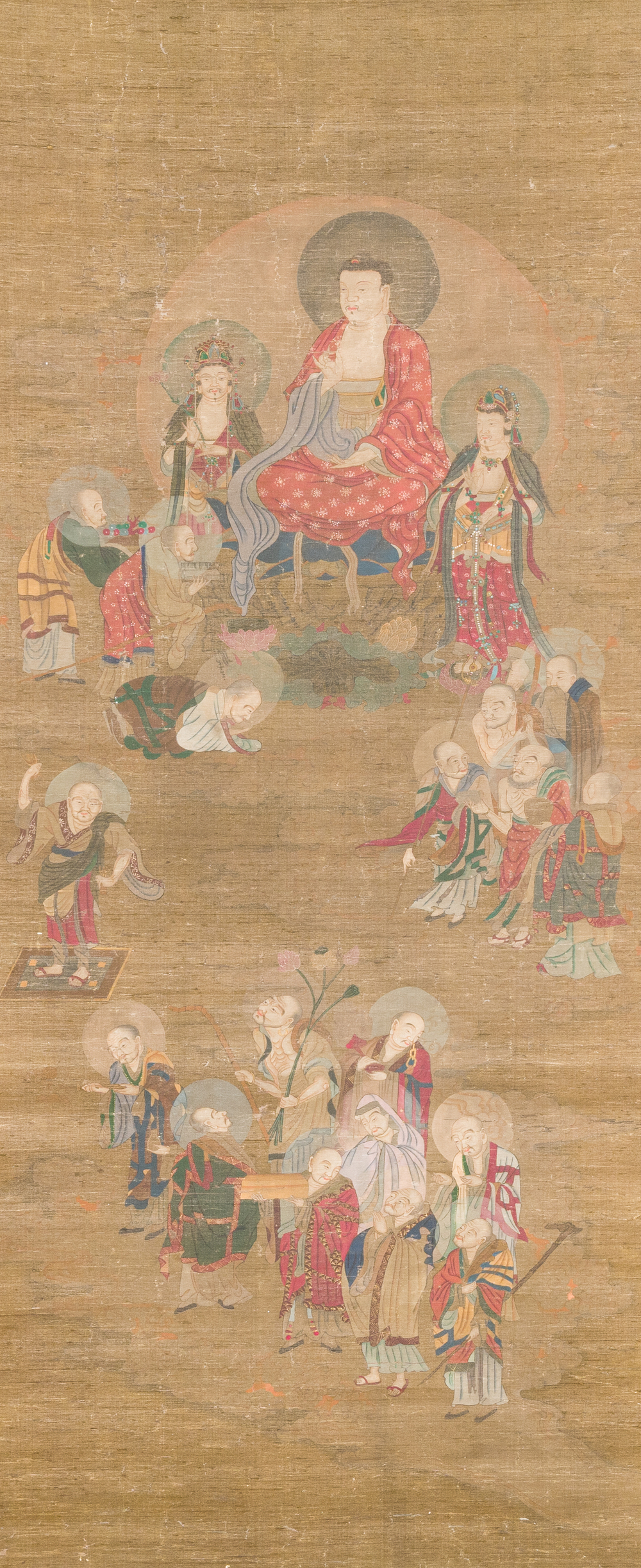 Chinese school: 'Buddha surrounded by Luohans', ink and colours on silk, 18th C.