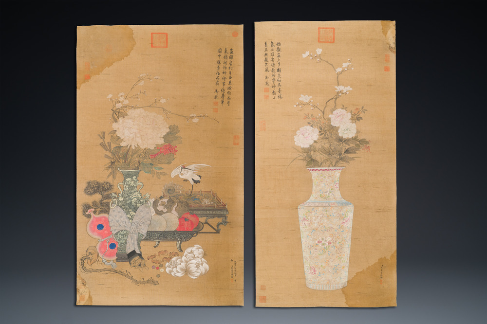 Chinese school: 'Two antiquities', ink and colours on silk, Qianlong seal mark, 19th C.