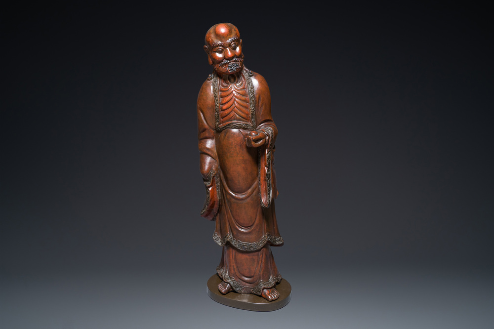 Importante sculpture de Damo en bois laqu&eacute; et polychrom&eacute;, Japon, Edo, dat&eacute;e 18/19&egrave;me