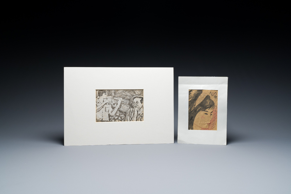 Bui Xuan Phai (1920-1988): 'R&ecirc;verie', ink on paper, dated 1976 and 'Portrait of Van Duong Thanh', mixed technique on paper, dated 1979
