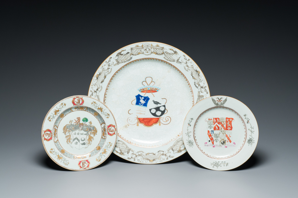A Chinese grisaille armorial dish and two plates for the Dutch, English and Scottish markets, Qianlong