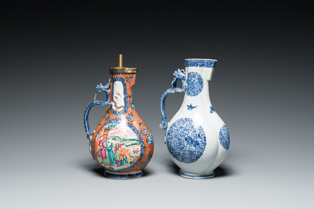 A Chinese famille rose 'mandarin subject' dragon-handled ewer and a blue and white 'floral medallion' ewer, Qianlong