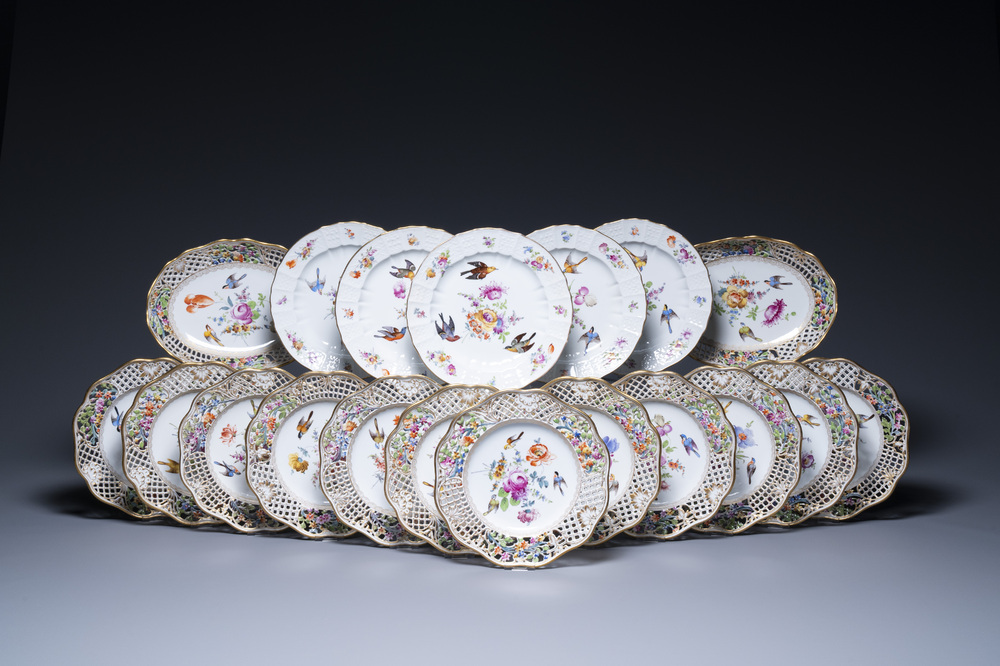 Nineteen polychrome Dresden porcelain plates and dishes, Meyers &amp; Sohn, Germany, 19th C.