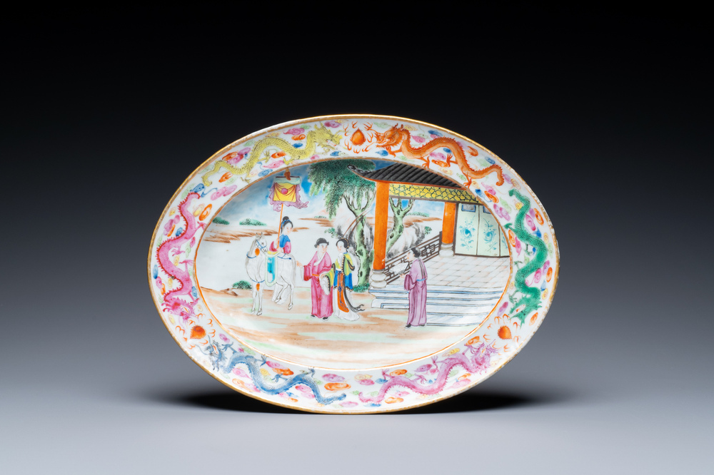 An oval Chinese Canton famille rose dish, Jiaqing/Daoguang