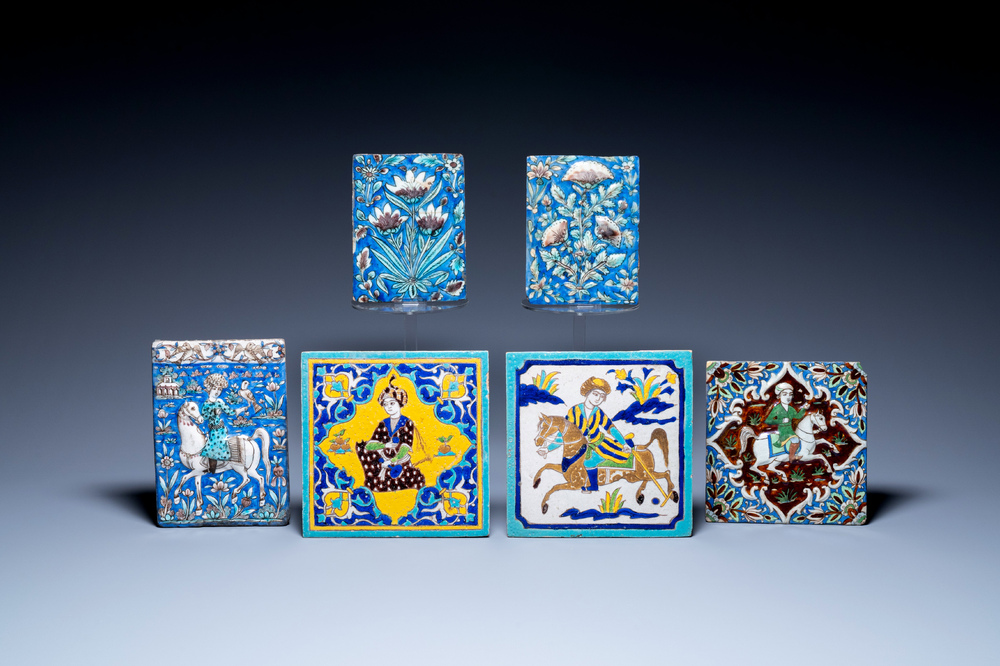Six Qajar pottery tiles, Persia, 19th C.