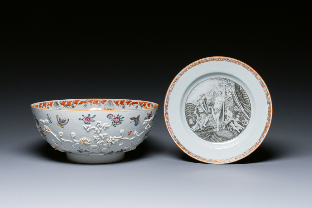 A Chinese 'mythological subject' grisaille plate and a relief-decorated famille rose 'insects' bowl, Qianlong