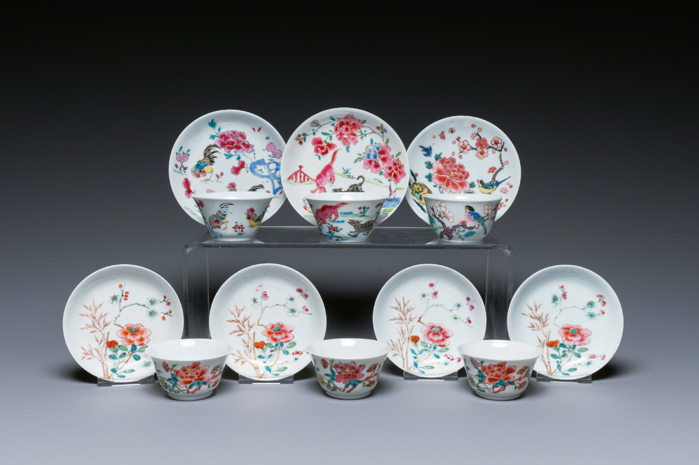 Seven Chinese famille rose cups and saucers, Yongzheng