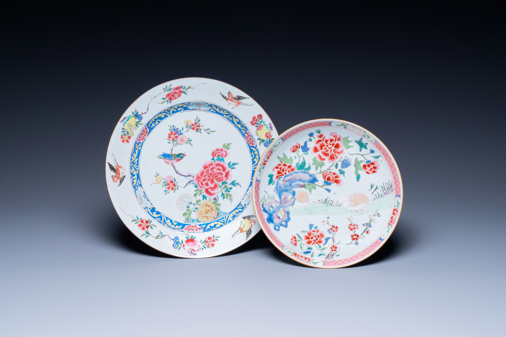 A Chinese famille rose 'birds' dish and a 'quails' plate, Yongzheng/Qianlong