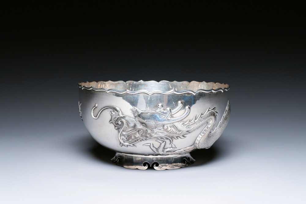 A Chinese silver 'dragon' bowl, Wang Hing, Canton, 19th C.