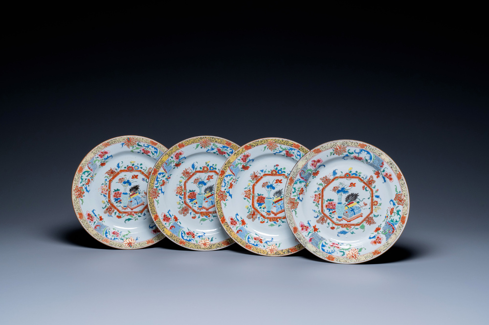 Four Chinese famille rose 'antiquities' dishes, Yongzheng