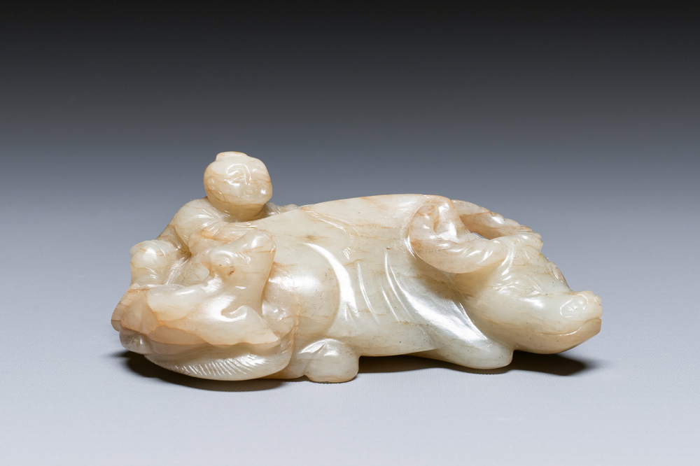 A Chinese jade 'boy on a buffalo' group, Qing