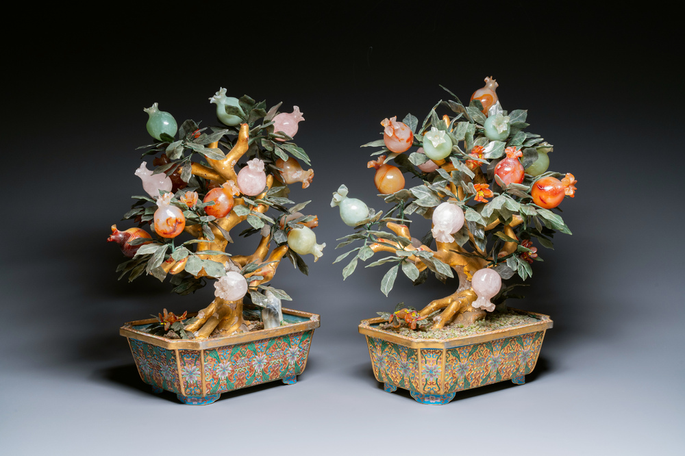 A pair of Chinese precious stone and lacquer trees in cloisonn&eacute; jardini&egrave;res, 19/20th C.