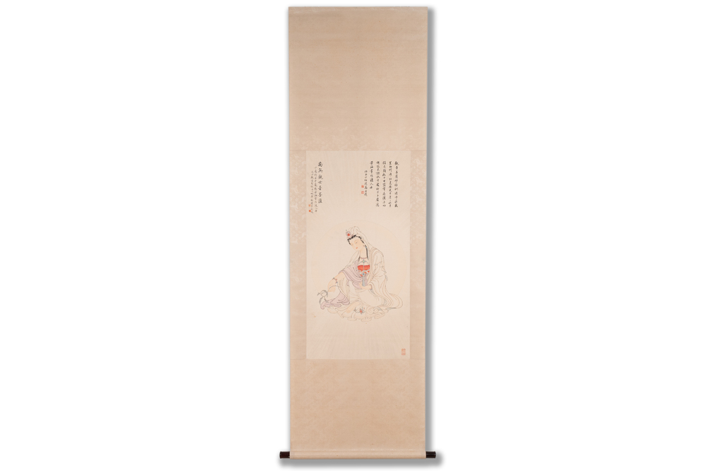 Mei Lanfang 梅蘭芳 (1894-1961): 'Bodhisattva' and Ma Jin 馬晉 (1900-1970): 'Calligraphy', ink and colour on paper, dated 1948