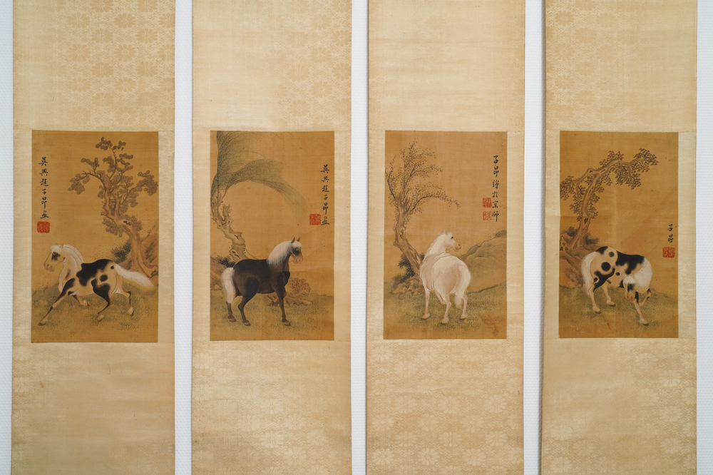 Suiveur de Zhao Mengfu 趙孟頫 (1254-1322): 'Quatre chevaux', encre et couleurs sur soie, 19/20&egrave;me