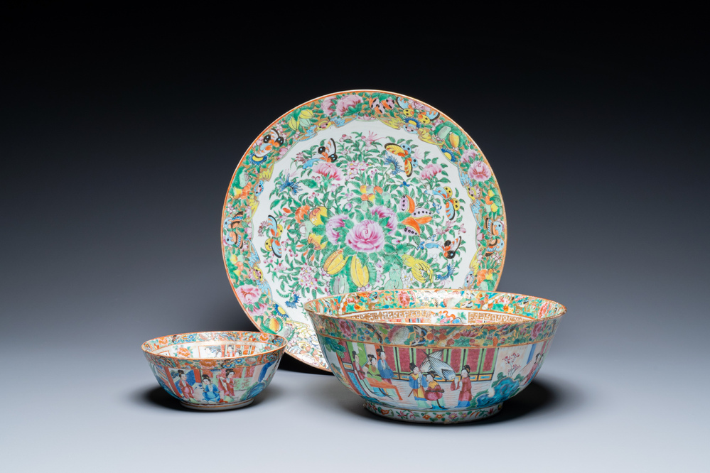 Two Chinese Canton famille rose bowls and a dish, 19th C.