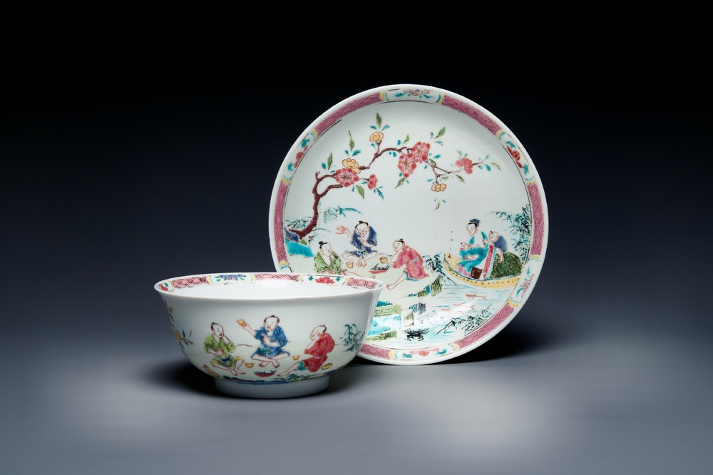 A Chinese famille rose plate and bowl with a nursing mother and men drinking tea on the shore, Yongzheng